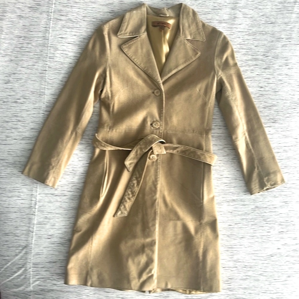 REAL SUEDE Arden B Camel Long Belted Coat Y2K 2000s Beige Tan Trench Coat Jacket
